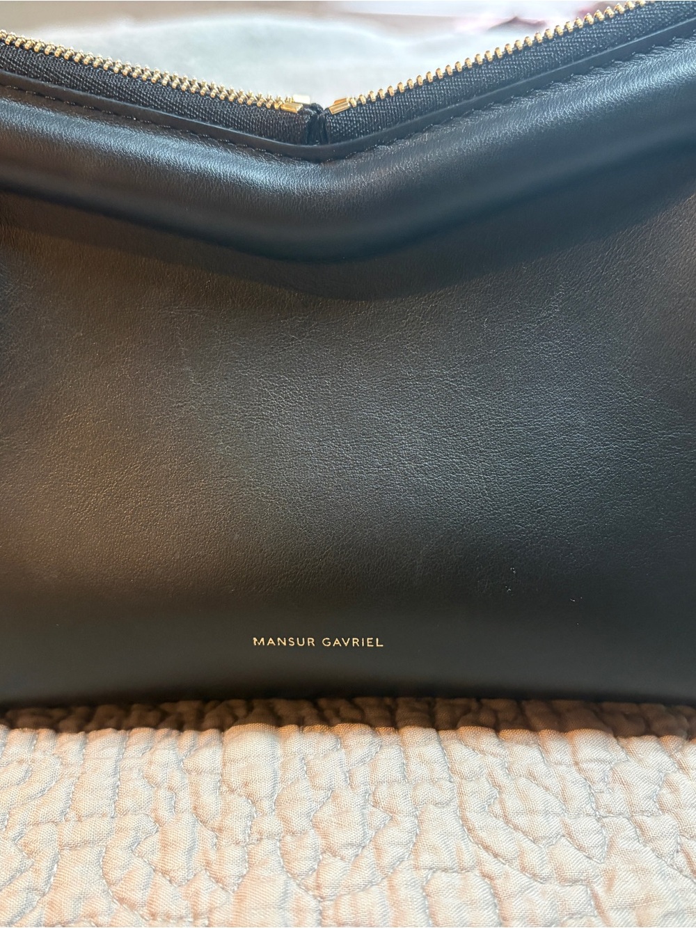 Mansur Gavriel Black Leather Zip-Top Wristlet Clutch with Gold Hardware
